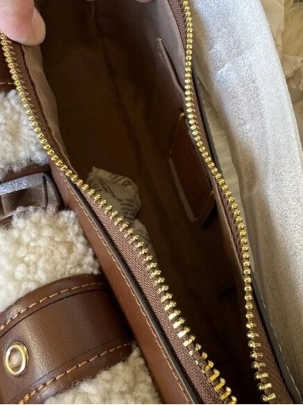 Coach Brown Signature Shearling Trim Shoulder Bag with Gold Hardware